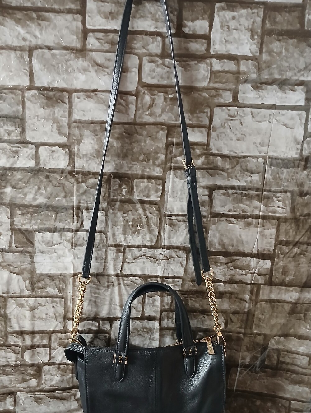 Paul Costelloe Classic Black Leather Tote with Gold Chain Strap